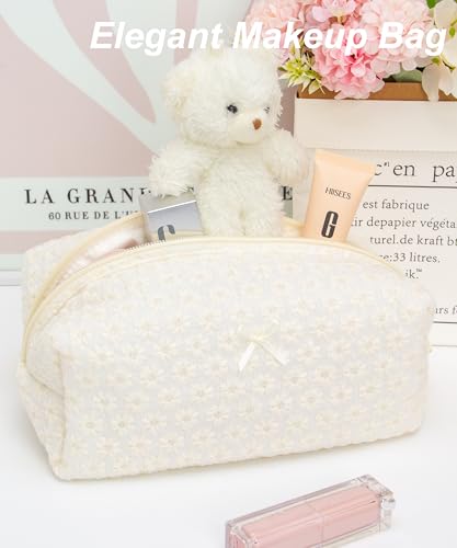 Cozy Makeup Bag for Women,Zipper Cosmetic Pouch,Embroidery Daisy,2 Pack - color: Embroidery Daisy
