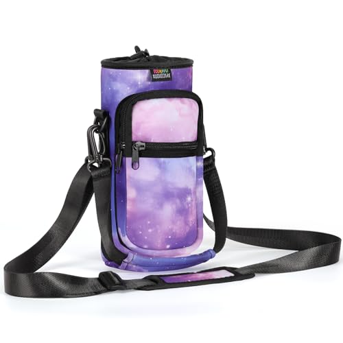 Nuovoware Water Bottle Carrier Bag, 25oz/32oz, StarrySky Purple | Adjustable Shoulder Hand Strap, 2 Pocket, Sling Neoprene Sleeve, Sports Water Bottle Accessories - color: StarrySky Purple, size: 25-32 Ounces - Standard