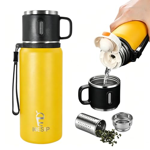 Stainless Steel Insulated Bottle, 20oz with cup Vacuum Insulated Water Bottle, Thermo for Hot Drinks/Cold Drinks,24-Hr Insulation Commute, Travel - color: Yellow, size: 20 Ounces