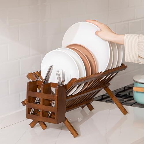 HBlife Dish Rack,Teak Folding 2-Tier Collapsible Drainer Dish Drying Rack with Utensils Flatware Holder Set (Dish Rack with Utensil Holder) - color: Teak-2 Tiers