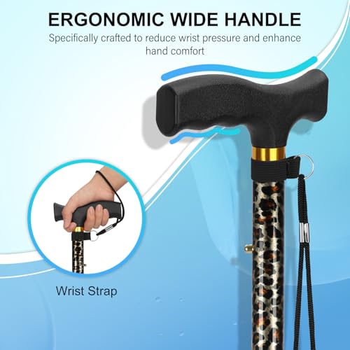 supregear Folding Cane, Lightweight 5-Level Adjustable Walking Stick with Wrist Strap and T-Handle, Portable Mobility Aid for Elderly and Disabled Men and Women - color: Leopard