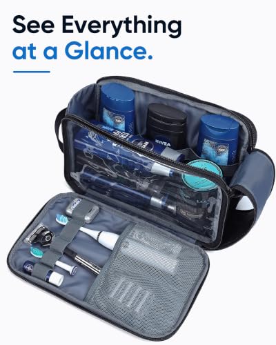 ZEEMO Travel Toiletry Bag for Men, Full Open Dopp Kit with Dual Compartment | Double-sided storage and water-resistant fabric for Shower and Hygiene Accessories,Bathroom Essentials,Cosmetics,Black,Large
