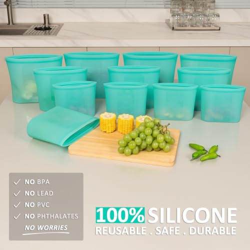 Reusable Food Bags, 12 Pack 100% Silicone Food Storage Bags Stand Up Zip Lock Container, Freezer Microwave Oven Dishwasher Safe, 4 Medium 4 Small 4 Extra Small, Aqua - color: Aqua | M+S+XS | 12 Pack