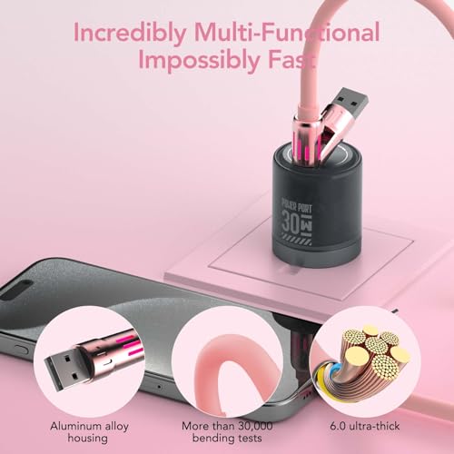 MFish 240W 4-in-1 Fast Charging Cable, Pink, 6.6FT | Carrying Case, USB-A & USB-C to USB-C/Lightning, For iPhone 17/16/15/14, MacBook, iPad, Laptop, Samsung S25/S24 - color: Pink, size: 6.6Ft