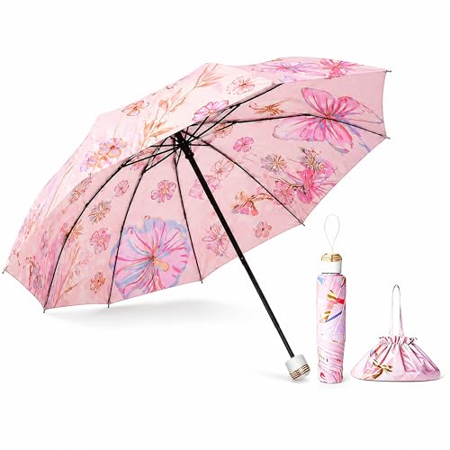 Manual Travel Umbrella with UPF 50+ UV Protection - color: PinkCrystalButterfly
