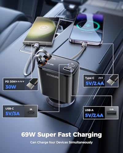 Smaller 4 in 1 Retractable Car Charger with Dual Type C Cords | 69W Fast Retractable USB C Car Charger, Car Accessories Car Chargers for iPhone 17 16 15 14 13 12 Galaxy Pixel, Black - color: Black, size: 2 Cords for Type C+Type C