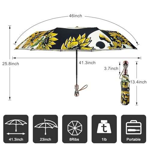 Skull Handle Windproof Travel Umbrella Compact Portable, Auto Open Close | Luxury Gothic Skull Grip with One-Touch Automatic Open, Wind Resistant and Sturdy for Rain, Lightweight to Carry Daily - color: 02.Sunflower