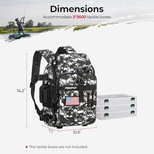 Piscifun Fishing Tackle Backpack, Rod & Gear Holder, Water-Resistant | 15L storage, breathable padding & adjustable shoulder straps, MOLLE panel, Digital Camouflage - color: Digital Camouflage, size: Standard