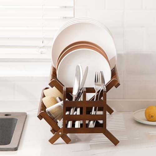 HBlife Dish Rack,Teak Folding 2-Tier Collapsible Drainer Dish Drying Rack with Utensils Flatware Holder Set (Dish Rack with Utensil Holder) - color: Teak-2 Tiers