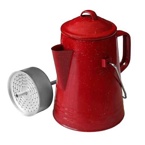 GRIP Coffee Percolator (Red) - Durable Glazed Enamel Steel - Prepare Coffee Over the Fire - Camping, Hiking, Backpacking, Fishing, Hunting - (8 Cups)