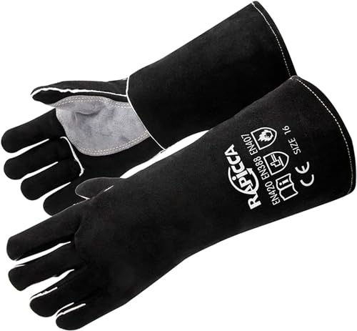 RAPICCA Fireplace Fire Pit Gloves, 662°F Fireproof Leather, 14 in Black | For Wood Stove, Campfire, Charcoal, Cast Iron, BBQ Grill, Oven, Stick & MIG Welding, Forge, Dry Ice - color: Black(length 14in)