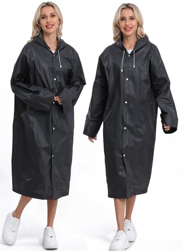 2-Pack Reusable Rain Ponchos for Adults, HOOMBOOM Raincoats Emergency for Women/Men with Drawstring and Sleeves - color: Black