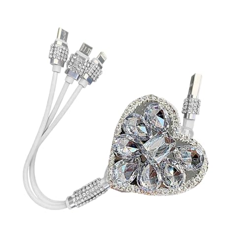 3-in-1 Car Retractable Multi Charging Cable, Rhinestone Heart Data Sync & Fast Charger with Lightning/Micro/Type-C USB Connectors for Most Phones (White) - color: White