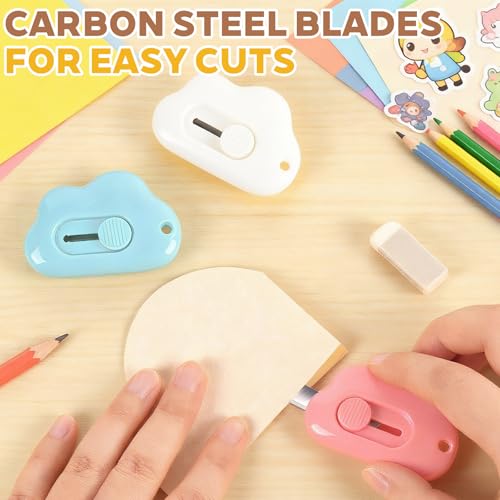 Box Cutter Retractable,Package Opener, Easy Slide Retractable Cute Box Cutter for for opening daily express boxes,packages and more (3 Pcs Cloud Mini Cutter)