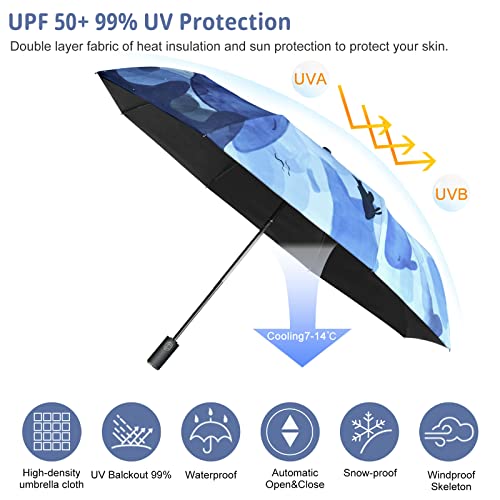 Cuby UV Sun Umbrella Compact Folding Travel Umbrella Auto Open and Close for Windproof, Rainproof & 99.9% UV Protection Parasol with Black Anti-UV Coating (Blue Whale) - color: Blue Whale