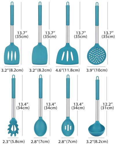 Silicone Cooking Utensils Set, 8 Pcs Kitchen Utensils with Holder, Blue | BPA Free and Heat Resistant, Kitchen Tools for Non Stick Cookware include Spatulas, Turners, Spoons, Skimmer and Pasta Fork - color: Blue