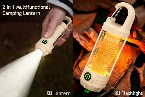 Flamix 2-in-1 LED Camping Lantern & Flashlight, 6 Modes, IPX4 Waterproof | Rechargeable Battery, Compact One-Hand Design, Beige, Hurricane Emergency Light, Hiking Gear, Home Power Outage Essential