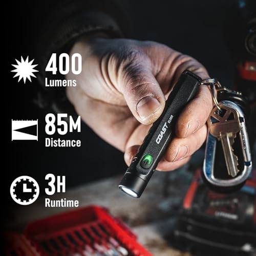 Coast KL50R 400 Lumen USB-C Rechargeble LED Pocket Flashlight, Mini-Flood & Fixed, Hat-Clip, IP54 Water Resistant
