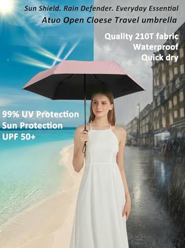 BAODINI Compact Travel Umbrella Small Windproof Auto Open Close for UV Sun Protection UPF 50+ and Rain Fits Backpack Purse & Suitcase - color: Pink