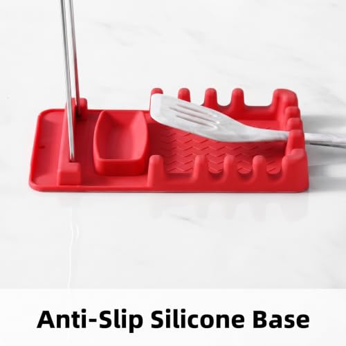Silicone Utensil Rest with Foldable Stainless Steel Lid Holder – Multi-Slot Spoon & Spatula Holder, Heat Resistant, Non-Slip Rubber Feet, Dishwasher Safe, Space-Saving Kitchen Tool-Red - color: Red
