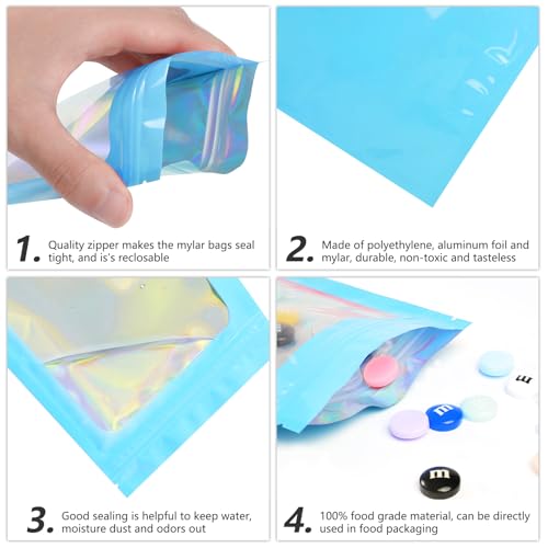 Funfery 100pcs Mylar Holographic Bags-Resealable Zipper&Clear Window (Blue, 3 x 4.7 Inch) - color: Blue, size: 3 x 4.7 Inch