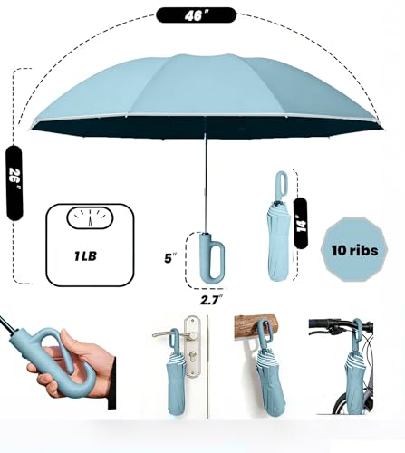 SIEPASA Travel Umbrella with Carabiner Handle - Windproof 10 Ribs Auto Open/Close for Rain & Sun Protection, Compact Portable Clip-on Backpack Design with Safety Reflective Strip. - color: UV-Light Blue