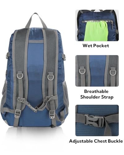 WATERFLY Lightweight Packable Hiking Backpack, 30L Day Pack Blue | Water Resistant Foldable Travel Daypack with Multiple Pockets, Wet Pocket, Ultralight Day Pack for Woman Man, Everyday Carry - color: Blue