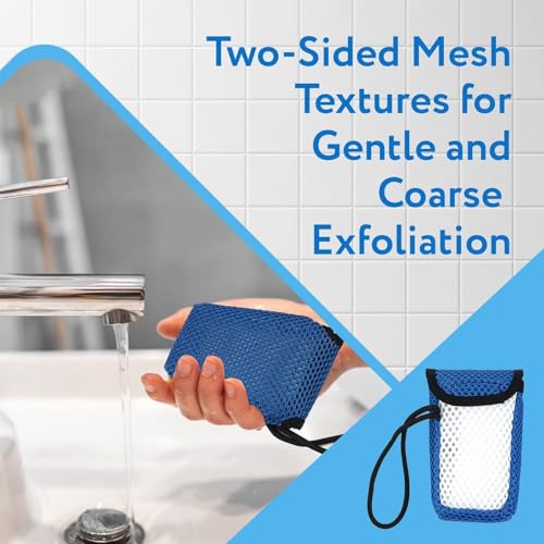IMPRESA Exfoliating Large Bar Soap Scrubber Pouch - Pack of 3, Fits Bars to 4.58×2.75×1.5 in - Dual-Sided Mesh & Body Scrubber - Wrist Strap & Quick-Dry Soap Saver Case - Compatible with Duke Cannon