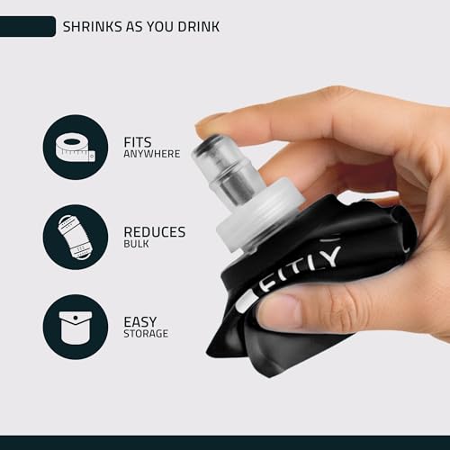 FITLY Soft Flask - Shrink As You Drink Soft Water Bottle for Hydration Pack - Folding Water Bottle Ideal for Running, Hiking, Cycling, Climbing & Rigorous Activity - color: Black, size: 8.5 Ounces