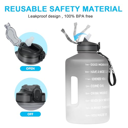 SLUXKE 1 Gallon Motivational Sports Water Bottle with Time Marker, BPA Free 128oz Leak Proof Jug, Black, Plastic, 128 ounces, Fitness, Sports, Outdoor Activities - color: Gray White