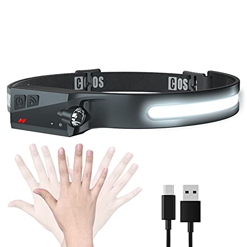COSOOS LED Headlamp Rechargeable, Bright Head Lamp Flashlight, 1000 Lumen Headlight, Sensor Mode, 230 ° Illumination & Spot Light, 2.4 oz Lightweight Headlamp for Camping, Running, Hiking (No Clip)