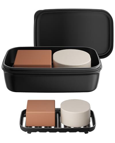 Quatish Leakproof Large Soap Dish with Lid & Draining Layer, Shatterproof Travel Bar Soap Holder Case Container, Portable Travel Size Toiletries Essentials for Camping, Gym, Bathroom, Black - color: Black, size: Large