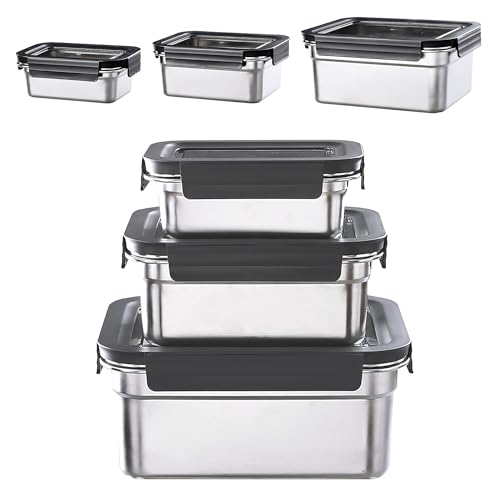 3Pcs 304 Stainless Steel Food Storage Containers with Lids, Nestable & Stackable, Leak-Proof Silicone Seal, 2500ML+1100ML+450ML, Dishwasher Safe, Straight Edge Black, Reusable Lunch Boxes for Meal Pre