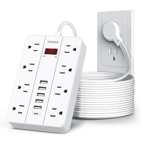 Flat Plug Power Strip, HUNIAN 15Ft Flat Extension Cord, White | 8 Widely Spaced Outlets 6 USB (1 USB C Port), Wall Mount Charging Station for Home and Office - color: White, size: 15FT