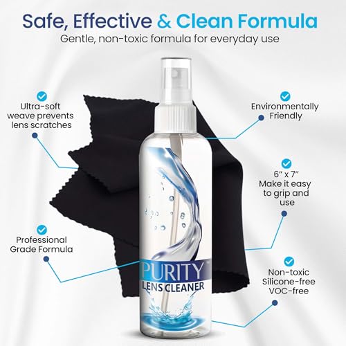 Purity Eyeglass Cleaner Mega Pack - Multi-Size Lens Cleaner Kit - 2x2oz, 3x8oz Bottles + 5 Black Premium Microfiber Cloths - Safe for All Lenses, Eyeglasses, and Screens - Streak-Free Formula - style: 10 Piece Set - 3 (8oz + 2 (2oz Lens Spray)) + 5 (Micro