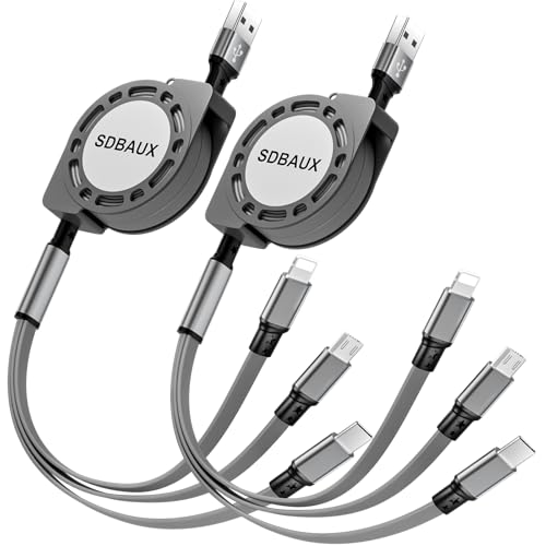 SDBAUX Multi USB Charger Cable Retractable 3 in 1 Multiple Charging Cord Adapter with Mini Type C Micro USB Port Connectors Compatible Cell Phones Tablets Universal Use(2Pack /Gray) - color: Gray