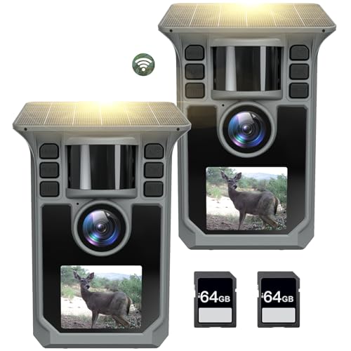Trail Camera 2 Pack 4K 64MP WiFi Solar Game Camera, 5800mAh Battery, 64GB Memory Card and Ip67 Waterproof Night Vision Trail Cam,130° Wide Angle for Deer & Farm Security - color: Dark grey