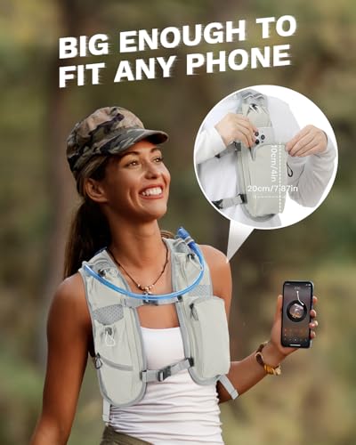 Running Vest for Women and Men, Hydration Running Backpack, Runners Vest, Hydration Vest, with Front Phone Holder, Adjustable Chest and Waist Strap - color: Gray White, size: Bladder and Backpack