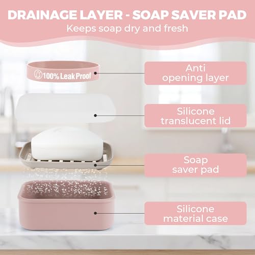 Compact Leakproof Travel Soap Case with Lid & Silicone Strap - Portable Draining Soap Bar Holder for Gym, Bathroom, Camping - Lightweight Silicone Soap Dish Container (Pink) - color: Pink