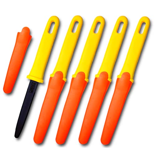 CANARY Cardboard Cutter with Sheath, 7.5" Safe Box Opener/Box Cutter Tool [Non-Stick Coated Blade], Serrated Japanese Stainless Steel Blade, Made in Japan (Bulk Pack of 5) - color: Yellow 5 Pc