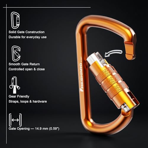 FresKaro 3inch 12kN-2698lbs Auto Locking Carabiner Clips, Solid D Shape, Heavy Duty 7075 Aluminum, Lightweight 1.09oz, Rust Proof, for Hammock, Hiking, Dog Leash, Keychain etc., Multi-Colors - color: Orange-3pcs