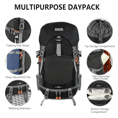 Hiking Backpack for Women Men,30+5L Waterproof Camping Backpacking Backpack | Lightweight Hiking Backpacking Packs for Outdoor Traveling Trekking,35L Internal Frame Backpack with Rain Cover - color: Black