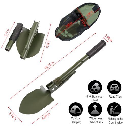 Mini Folding Shovel, Portable Lightweight Outdoor Tactical Survival Foldable Mini Shovel, Entrenching Tool, Camping, Hiking, Digging, Car Emergency - Green