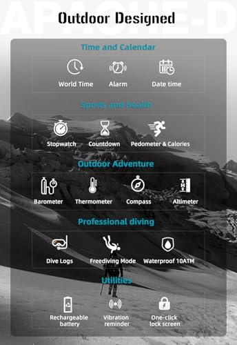 NORTH EDGE Apache-D Freediving Watch for Men, 100M Water Resistant Digital Outdoor Watch with 50M Dive Mode, Compass, Altimeter, Barometer, Thermometer, Pedometer, Rechargeable Hiking Watch - color: Black