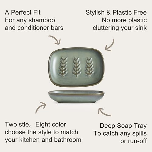 Miamolo Bar Soap Holder for Shower, Soap Dish for Bathroom, No Mushy Soap | Ceramic Soap Saver Tray for Vanity, Tub, Kitchen Sink | Long-Term Bathroom Use Pro-Environment, Housewarming Gift, Dark Green - color: Dark Green, size: Leaf Design