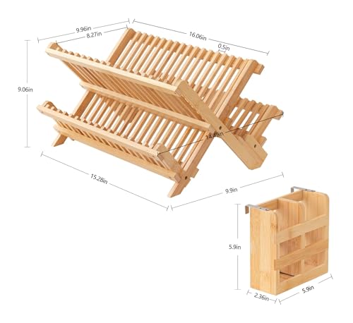 HBlife Bamboo Dish Drying Rack with Utensils Flatware Holder Set, 3-Tier Large Folding Drying Holder for Kitchen Counter, Collapsible Drainer - color: Bamboo-3 Tiers