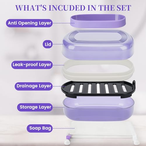 Leakproof Travel Soap Case with Lid | Draining Soap Bar Holder & Dish with Silicone Strap | Includes Mesh Soap Bag | for Shower, Bathroom, Camping, Gym (Grape Purple) - color: Grape Purple Style a