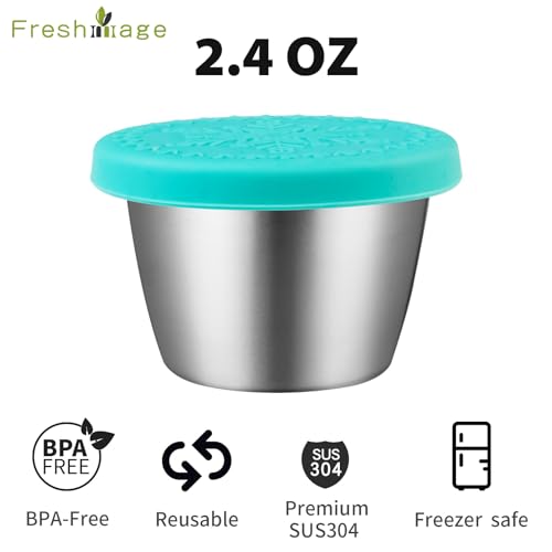 6-Pack 2.4oz Stainless Steel Dressing Container with Silicone Lid | Leakproof and Reusable Small Condiment Containers, Sauce Cups for Salad Dressing, Lunch Boxes & Meal Prep, Dishwasher Safe