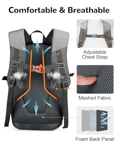 15L Small Padded Hiking Backpack with Chest Strap for Men Women, Lightweight Waterproof Daypack for Travel, Gray - color: Gray