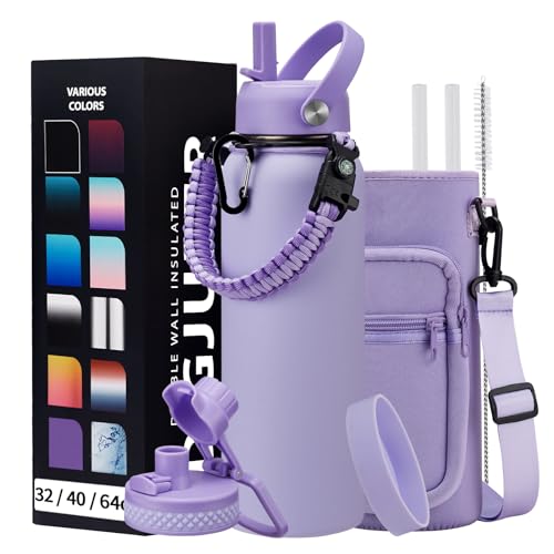 40 oz Water Bottle with Straw - Insulated Vacuum Water Flask with Straw & Auto Spout Lid, Paracord Handle & Carrying Pouch, Keep Cold 48H Hot 24H, Sweat-Proof Thermal Water Jug with Strap for Hiking - color: Lilac Purple, size: 40 Ounces